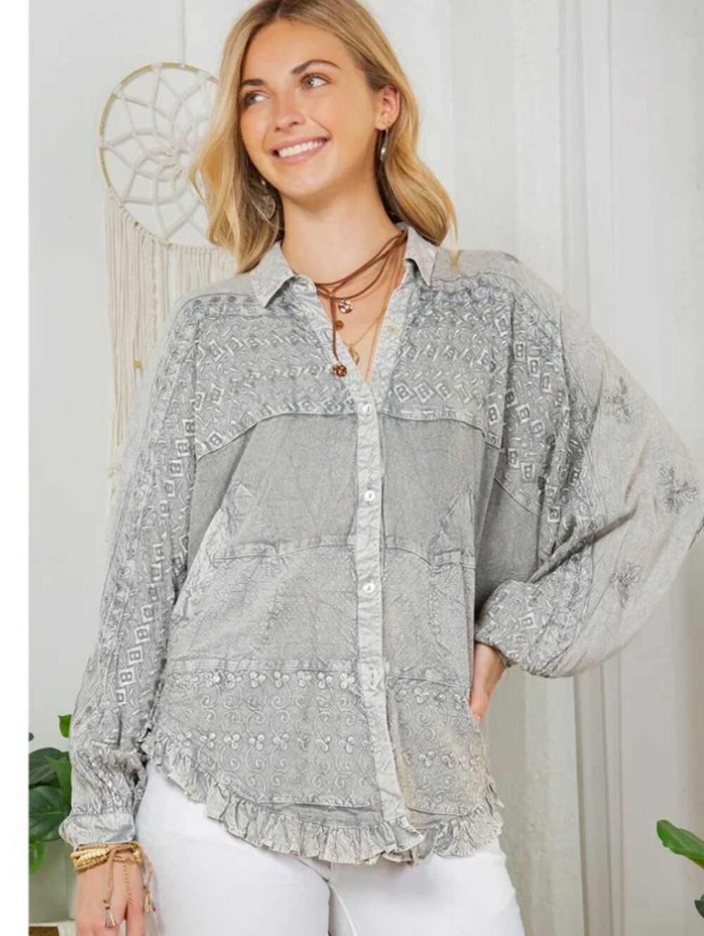 NWT Young Threads Light Gray Embroidered Boho Button-Up Shirt & Harem Pant Set - Picture 6 of 13